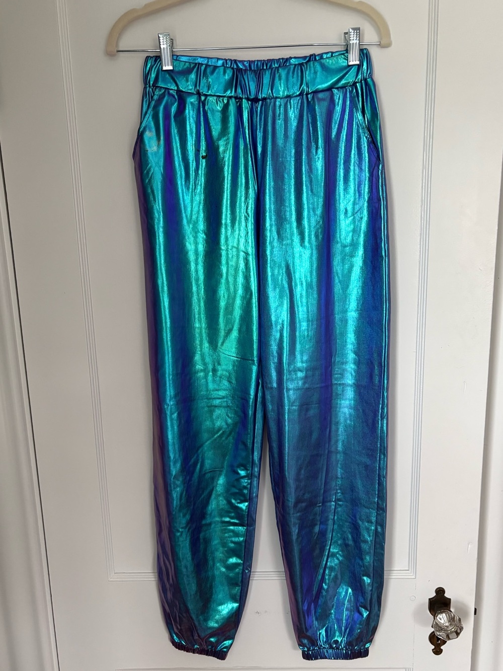 Iridescent Teal Blue Metallic Jogger Pants